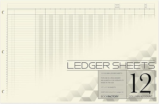 BookFactory Ledger Sheets/Large 12 Column Accounting Ledger Columnar Loose Leaf by BookFactory