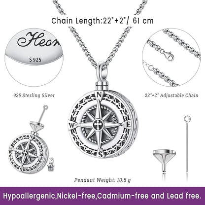 Compass Necklace for Women Men 925 Sterling Silver Pendant Urn Necklaces for - Image 3