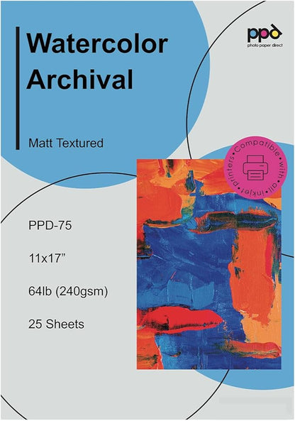 PPD Watercolor Printer Paper, 11 x 17 inches, 25 Sheets, Heavy 240 gsm/60 lb by PhotoPaperDirect