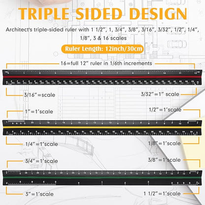 Macarrie 10 Pcs Architectural Scale Triangular Ruler 12" Architect Engineers - Image 3