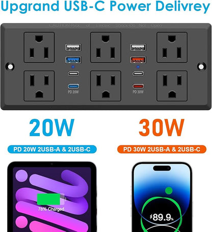 30W Recessed Power Strip USB C, Desk Flush Mount Outlet Plug in 6 AC & 8 USB - Image 9
