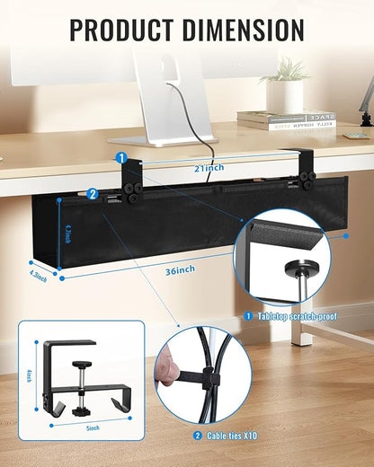 No Drill Cable Management Under Desk, Clamp/Screw Mount Cable Tray, Premium - Image 6