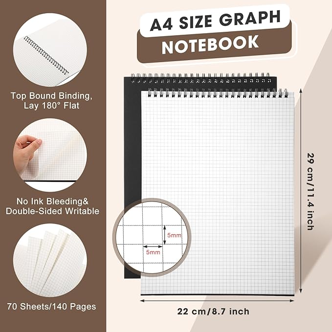 Engrowtic 6 Pack Top Spiral Graph Paper Notebooks 8.7 X11.4 Inch A4 Grid Paper - Image 2