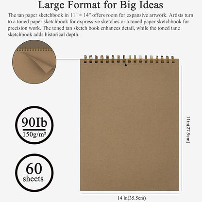 Fuxi Toned Tan Sketchbook 11x14 Inch, 60 Sheets, Spiral Bound - Image 2