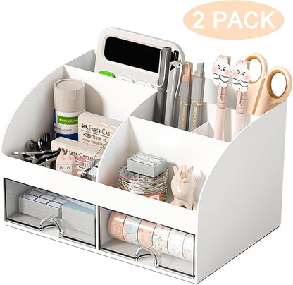 Desk Organizer with 6 Compartments and 2 Drawers, Plastic Makeup Organizer - Image 2