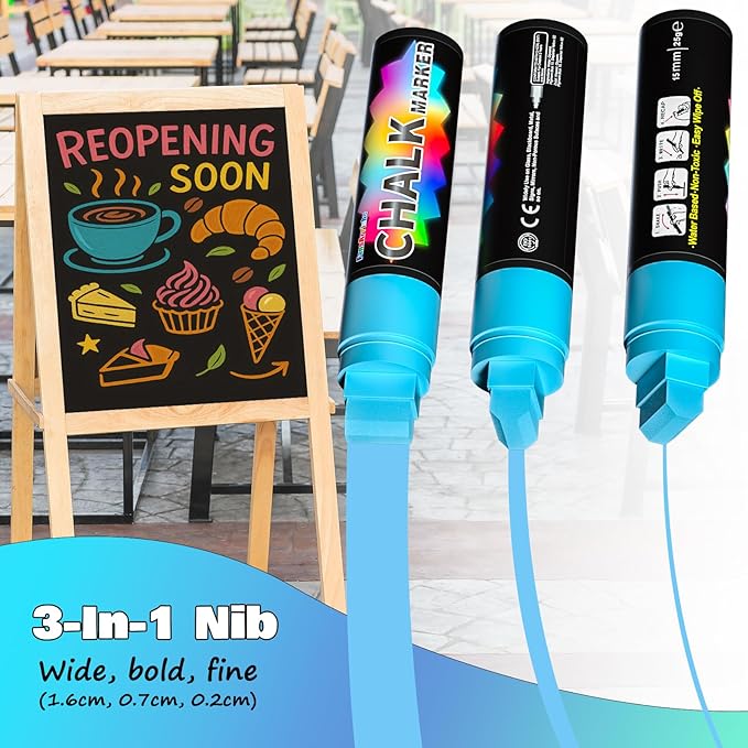 FansArriche Jumbo Window Markers, 3 Pack 15mm Neon Chalk Pens, Liquid Chalk - Image 3