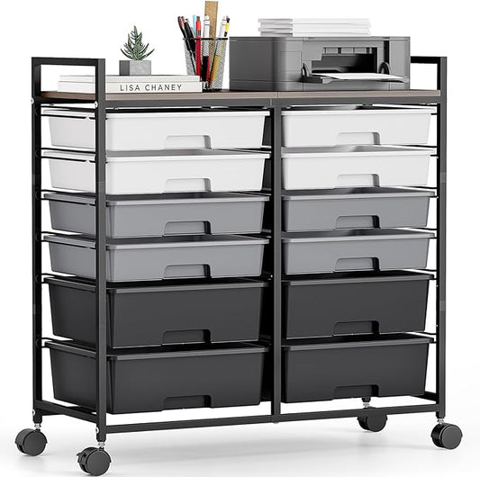 Rolling Storage Cart with 12 Drawers, Wooden Tabletop Utility Cart by TOOLF