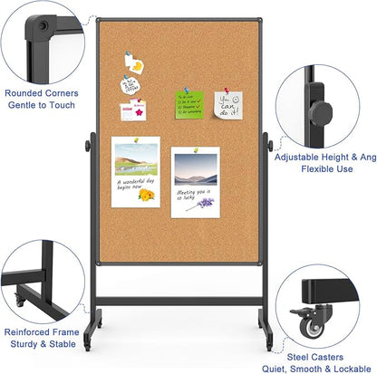 Double-Sided Whiteboard and Corkboard on Wheels, 48 x 32 Inch Magnetic Dry - Image 3