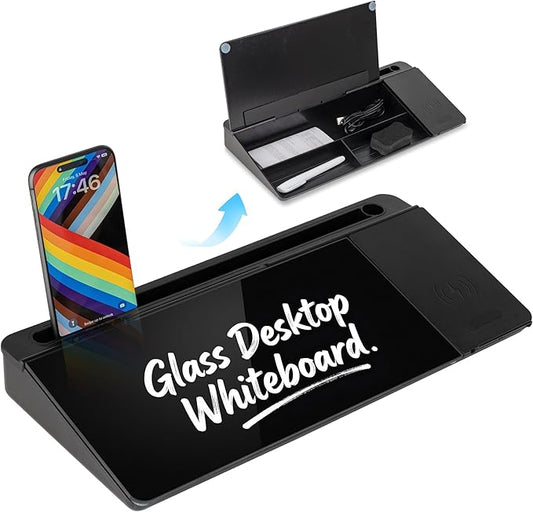 Glass Desktop Whiteboard with Wireless Charger & Storage, Desk Dry Erase Note by Unknown