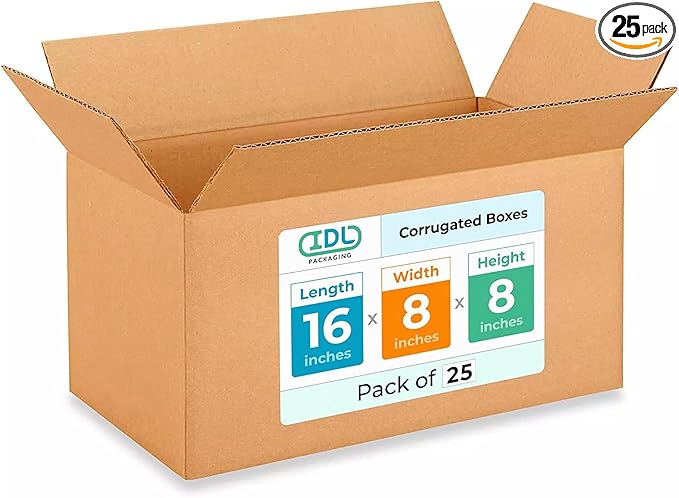 IDL Packaging - B-1688-25 Medium Corrugated Shipping Boxes 16"L x 8”W x 8"H - by IDLPackaging