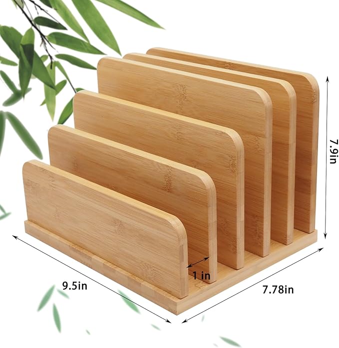 Deefielly Desk File Mail Organizer Countertop, 5 Slots Bamboo Folder Sorter - Image 2