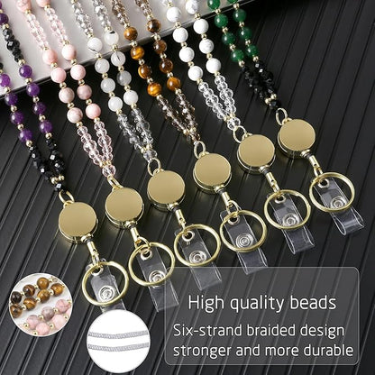AIDSOTOU Lanyards for ID Badges and Keys, Natural Stone Beaded Teacher Lanyard - Image 2