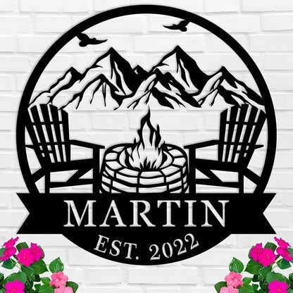 Personalized Campfire Family Name Sign, Monogram Name Camping Sign, Mountain by HRZSIGNFC