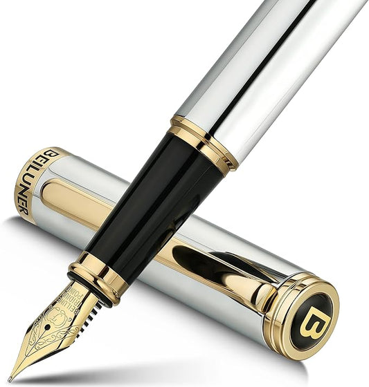 BEILUNER Silver Chrome Fountain Pen, Stunning Luxury by BEILUNER