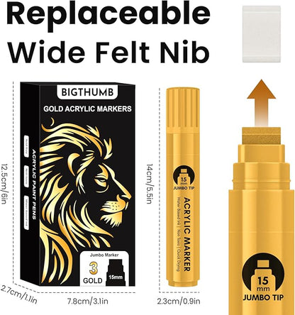 BIGTHUMB 3 Pcs Gold Jumbo Permanent Markers: 15mm Wide Tip Thick Acrylic Paint - Image 5