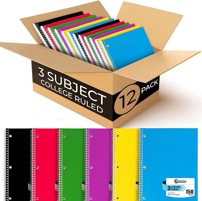 Rosmonde 3 Subject Notebook College Ruled, 12 Pack, 150 Sheets, No-Bleed Paper by Rosmonde