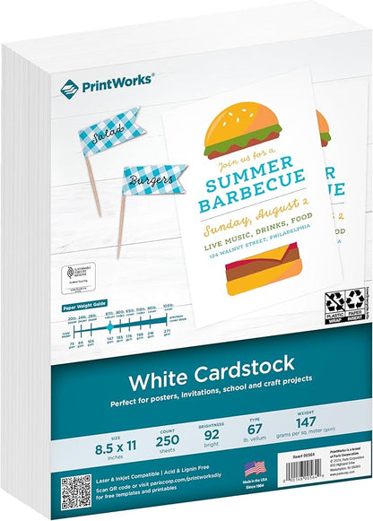 PrintWorks White Cardstock 8.5" x 11" - 67 lb/147 gsm Vellum Bristol - 250 by PrintWorks