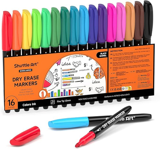 Shuttle Art Dry Erase Markers, 16 Colors Whiteboard Markers, Fine Tip Dry Erase by ShuttleArt