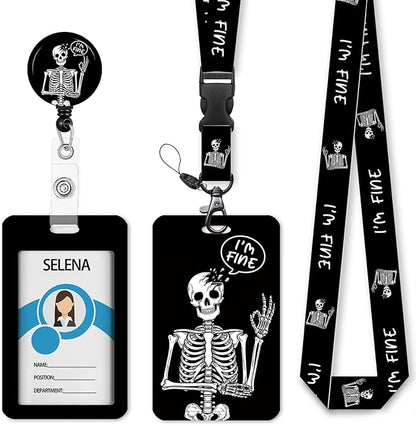 Skull Skeleton Badge Holder Retractable Lanyard, Lanyards by Mcapirivo