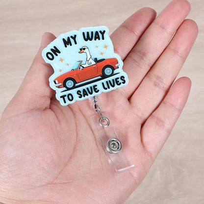On My Way To Save Lives Funny Silly Goose Nurse Badge Reel, Cute Paramedic - Image 4