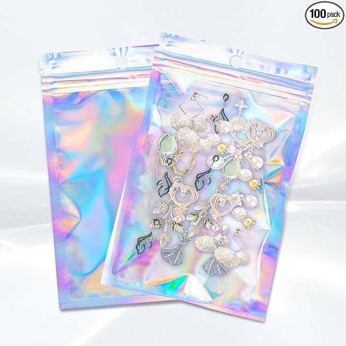 100Pcs Holographic Packaging Bags, 3.1x4.7 inch Resealable Foil Pouch Mylar by Motomy