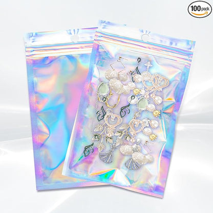 100Pcs Holographic Packaging Bags, 3.1x4.7 inch Resealable Foil Pouch Mylar by Motomy