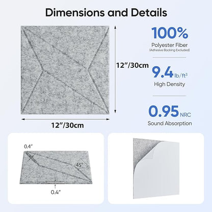 UNECHO 12 Pack 12" X 12" X 0.4" Acoustic Panels - Image 3