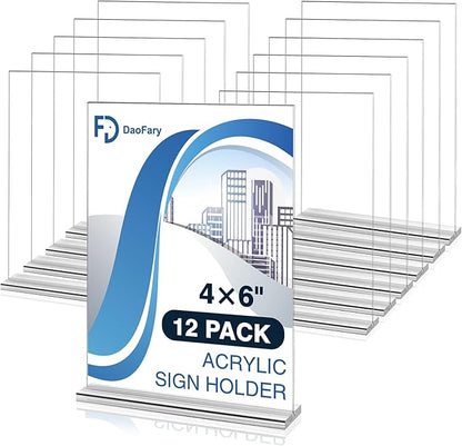 Daofary 12 Pack Acrylic Sign Holder 4 x 6, Double-Sided Stand up Table Top Sign by Daofary