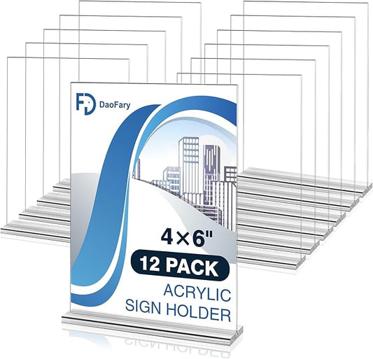 Daofary 12 Pack Acrylic Sign Holder 4 x 6, Double-Sided Stand up Table Top Sign by Daofary
