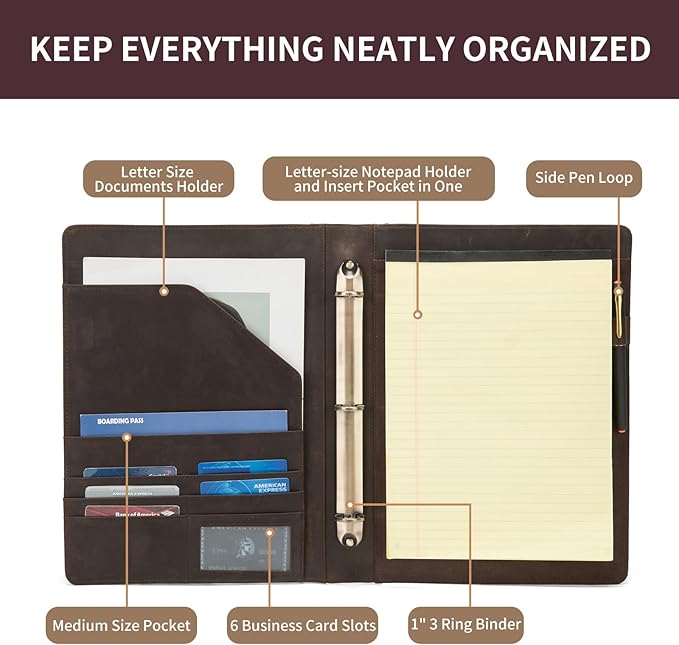 Geslun Genuine Leather 3 Ring Binder, 8.5 x 11 Letter Size Folio - Image 5