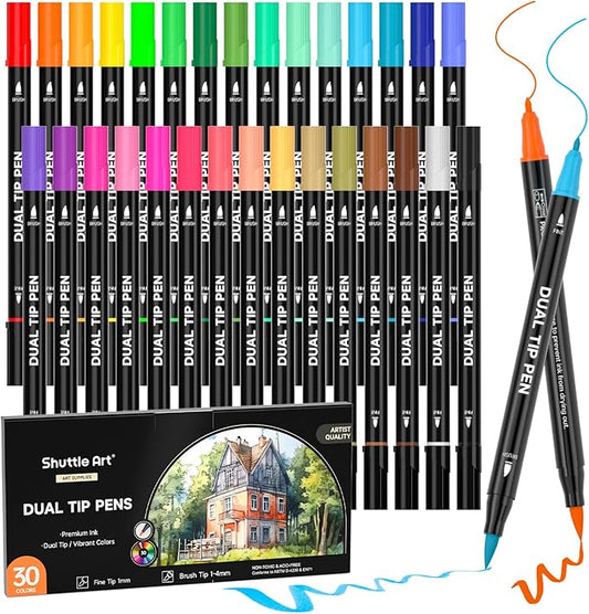 Shuttle Art Dual Tip Brush Marker Pens, 30 Colors Dual Tip Calligraphy Pens by ShuttleArt