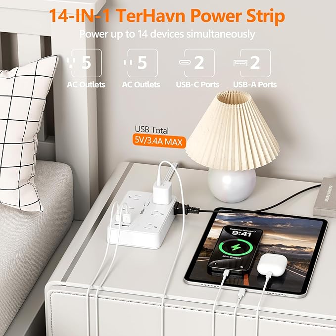 Surge Protector Power Strip-TerHavn 15 FT Flat Extension Cord ，10 AC Outlets & - Image 2