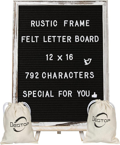 Felt Letter Board with Rustic Vintage Frame and Stand 12x16 inch, Numbers and by Destop