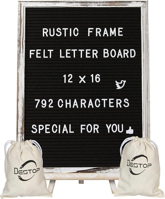 Felt Letter Board with Rustic Vintage Frame and Stand 12x16 inch, Numbers and by Destop