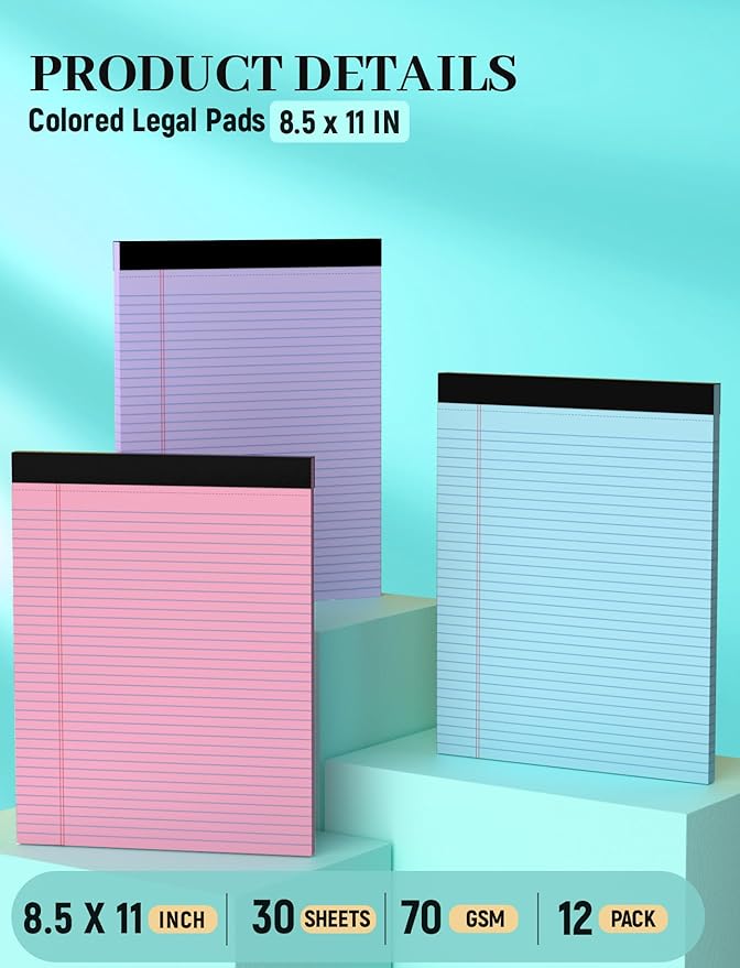 12 Pack Legal Pads 8.5 x 11 College Ruled, Lined Paper Pads 8.5 x 11, Colored - Image 2