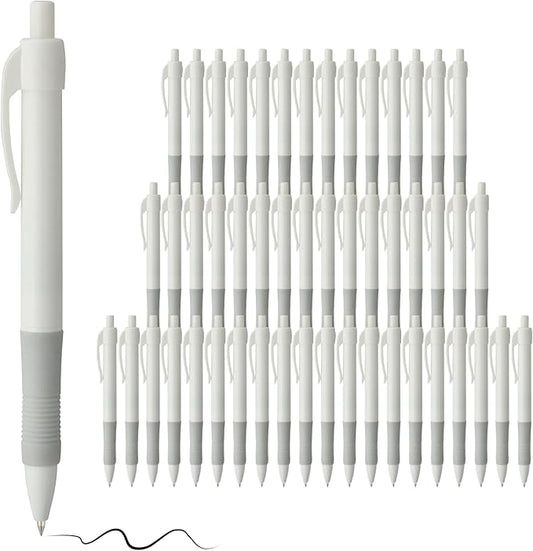 deegtran Pens Bulk, 50 Pack No Bleed White Barrel Black Ink Click Pens by DEEGTRANPENS