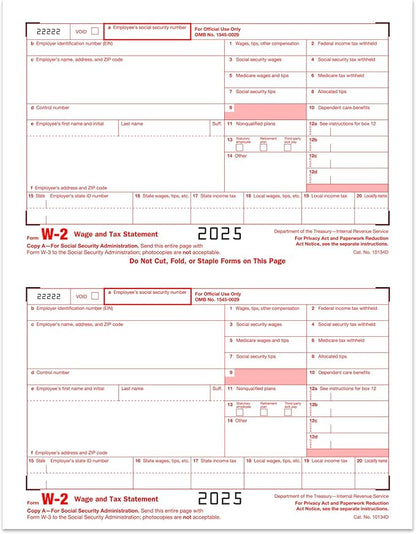 W2 Forms 2025, 6 Part Tax Forms, 25 Employee Kit of Laser Forms Designed - Image 2