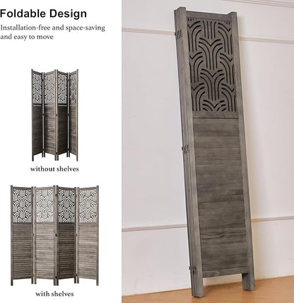 Svimi Folding Room Divider, 66.9 Inch 4 Panels Wood Carved Privacy Screens - Image 3