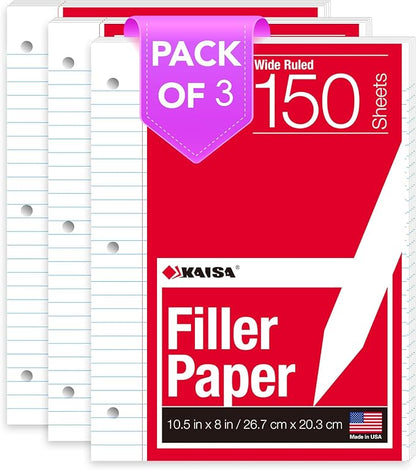 KAISA Filler Paper Loose Leaf Paper, Wide Ruled Paper, 3-Hole Punched Binder by KAISA