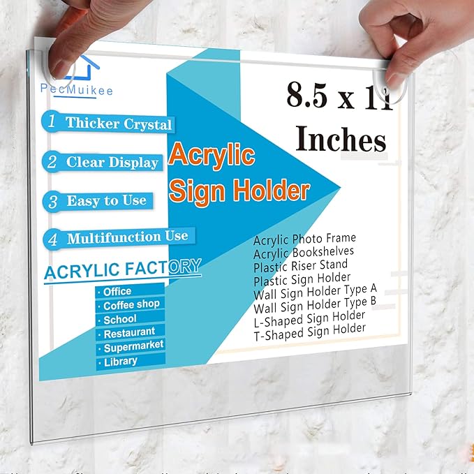 PecMuikee Horizontal Acrylic Sign Holder 8.5x11, Wall Mount Acrylic Sign Holder - Image 2