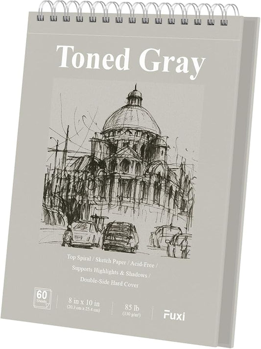 Fuxi Toned Gray Sketchbook 8x10, 60 Sheets Acid-Free Drawing Paper, Spiral by SketchBook