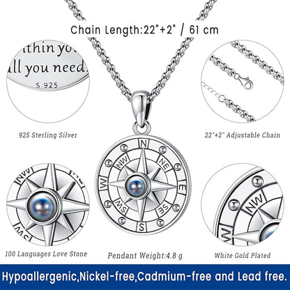 Compass Necklace for Women Men 925 Sterling Silver Pendant Urn Necklaces for - Image 3
