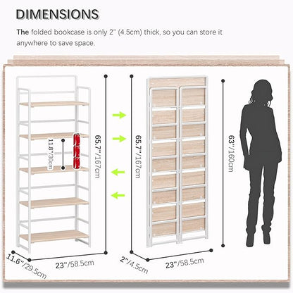 4NM No Assembly 5 Tiers Folding Bookshelf Storage Shelves Vintage Bookcase - Image 2