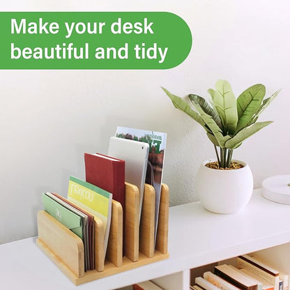 Deefielly Desk File Mail Organizer Countertop, 5 Slots Bamboo Folder Sorter - Image 5