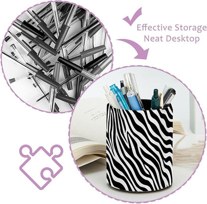 Leather Pen Holder for Desk Zebra Print Pencil Cup Desktop Organizer Makeup - Image 4