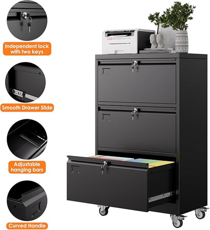 METAN Upgrade 3 Drawers Lateral File Cabinet on Wheels, Steel Office Filing - Image 5