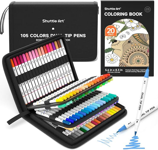 Shuttle Art Dual Tip Brush Marker Pens, 105 Colors Fine and Brush Tip Markers by ShuttleArt