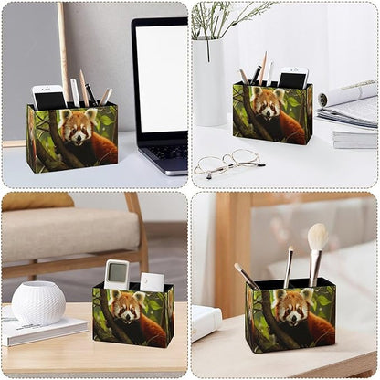 Famame Red Panda Pencil Holder for Desk, Leather Desktop Container Pen Cup - Image 3