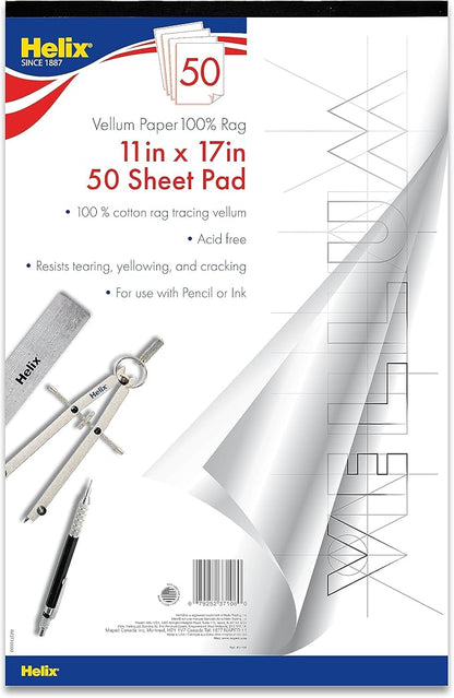 Helix - 100% Rag Vellum Paper Pad - 11 Inch x 17 Inch - 50 Sheet Pad - by MapedHelixUSA