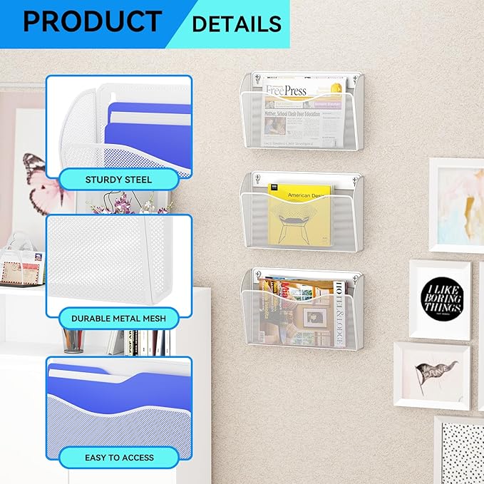 GDINDINFAN 3 Single Pocket Wall File Holder, Mesh Hanging File Folder Paper - Image 4